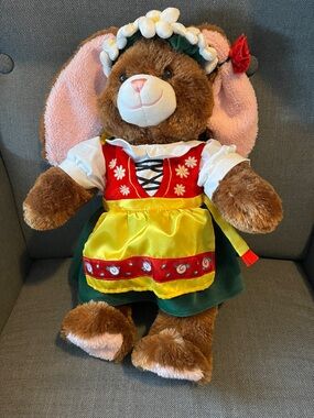 Build-A-Bear Plush Bunny in Red, Yellow, Green Outfit with Floral Headband